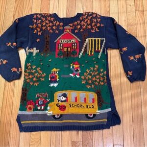 VTG RARE Northern Isles Hand Knit Autumn School Teacher Scene Sweater - Navy